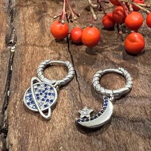 Bali Asymmetrical Dangle Earrings Planet Moon Star Drop Sterling Silver Huggies